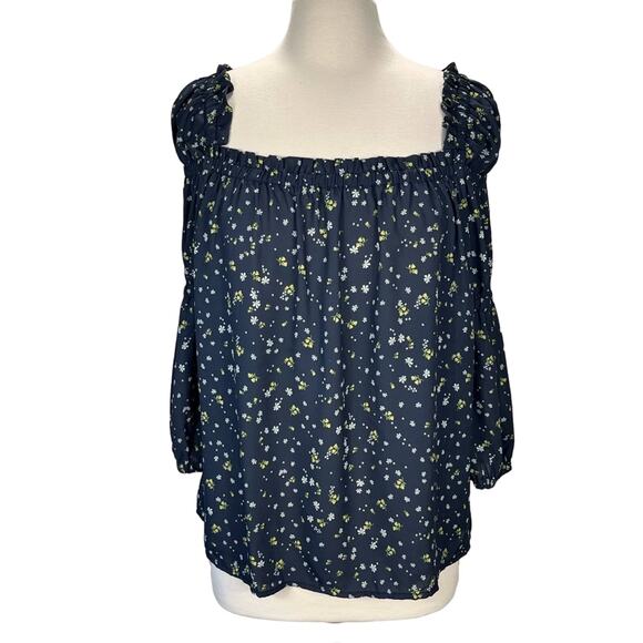 CECE Navy Blue Long Puffy Sleeve Ditsy Floral Cottagecore Blouse Top Sz Medium - Picture 1 of 7